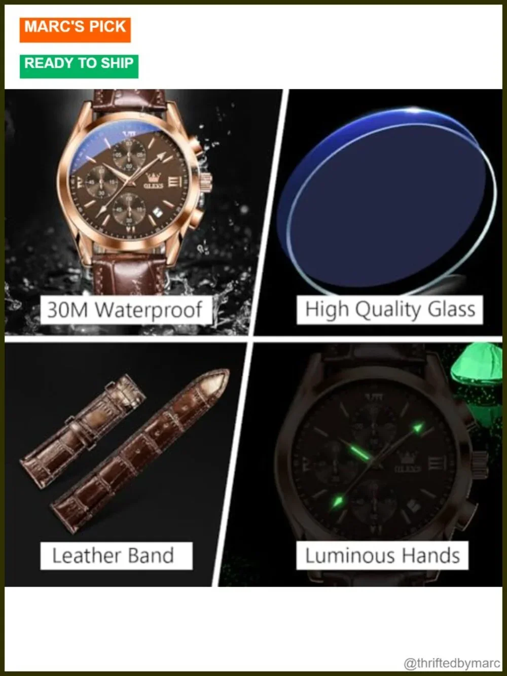 Men's Casual Leather Watch, Big Face Chronograph, Water Resistant Date Analog